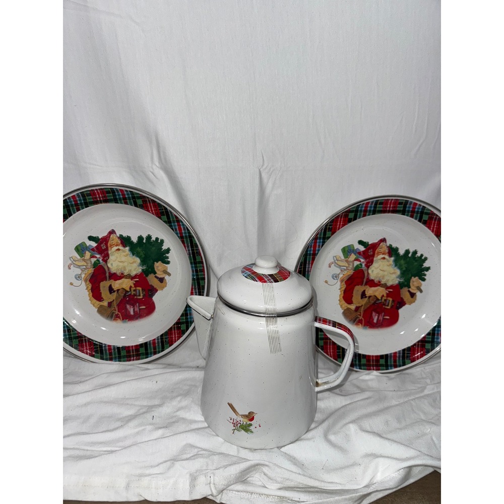 Hallmark Mitford‎ Santa Claus Christmas Enamel Coffee Pot & Plates Set